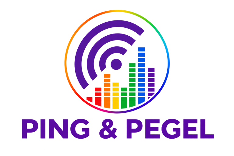 Logo von Ping & Pegel: Funkwellen und eine Pegelanzeige in Regenbogenfarben